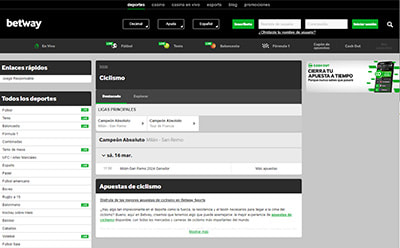 Página en vivo de ciclismo en Betway.