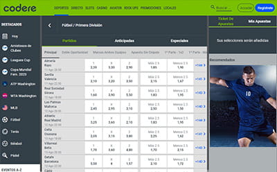 Página en vivo de apuestas de fútbol en Codere.