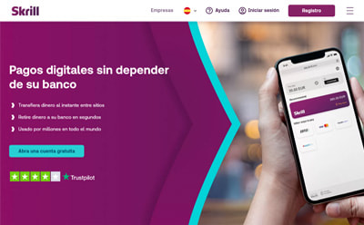 Imagen de la página de inicio del sitio web de Skrill