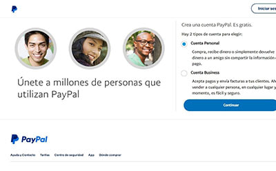 Formulario de registro en PayPal