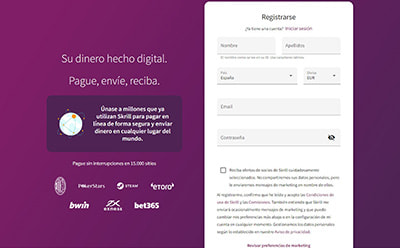 Pantalla de registro en la Plataforma de Skrill