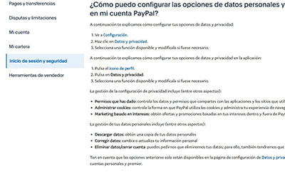 Página de configuración de la cuenta de PayPal